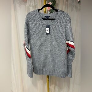 Tommy Hilfiger Gray Crewneck Sweater with Red and White Stripes